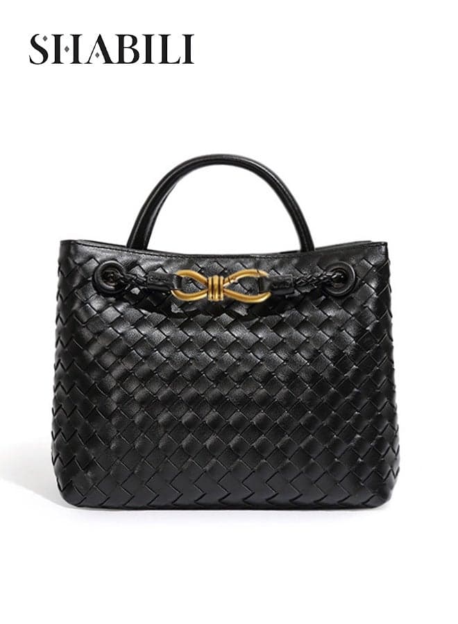 Women Woven PU Leather Tote Bucket Cross Bags, Ladies Small Top-Handle Shoulder and Crossbody Satchel with Detachable Braided Strap, Lightweight Messenger Purse for Work Shopping Travel (Black)