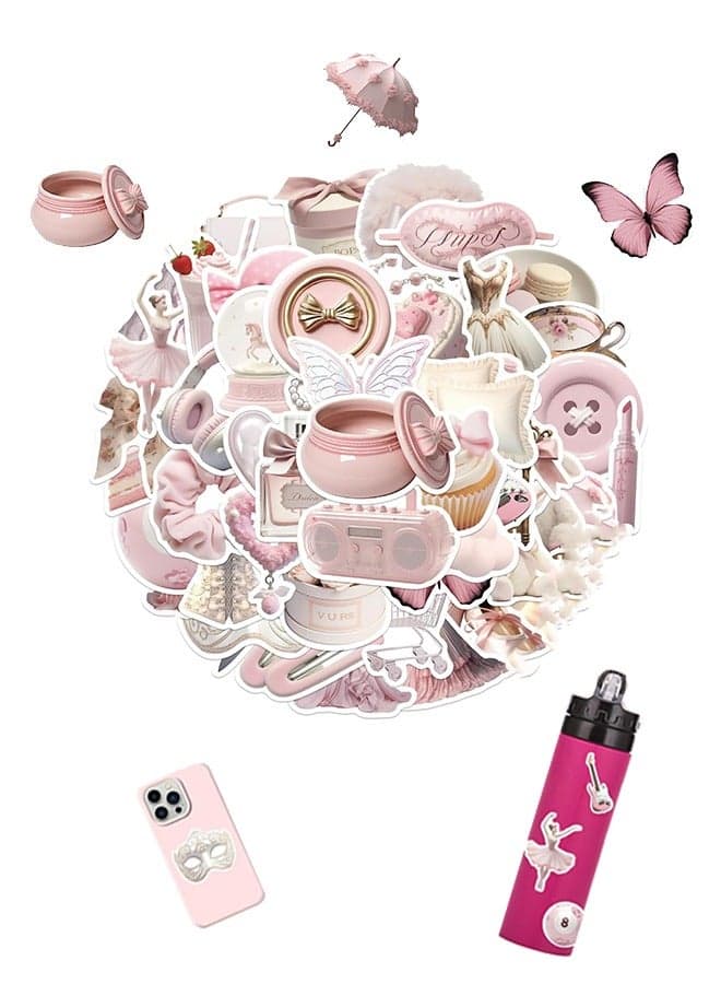 50Pcs Girls Gentle Ballet Pink Sticker, Pink Aesthetic Graffiti Sticker for Kids Teens, Cute Pink Laptops Decals for Water Bottles Journal Bag Phone