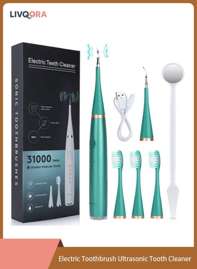 Electric Toothbrush Ultrasonic Tooth Cleaner, Teeth Stains & Plaque Remover, 6-in-1 Sonic Cleaning, IPX6 Waterproof, Long-lasting Battery (Green )