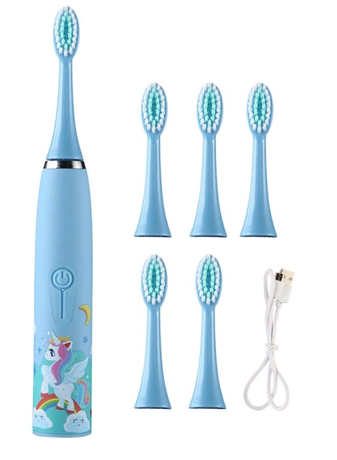 Kids Electric Toothbrush Rechargeable With Timer And 6 Brush Heads, Unicorn, Blue