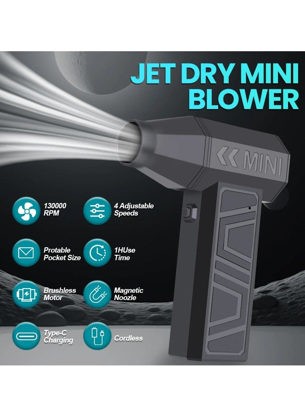 Turbo Jet Fan Electric Air Duster Portable 130000RPM Cleaning Blower Tool Car Blowing Snow 4 Gears adjustable Type-C Charging
