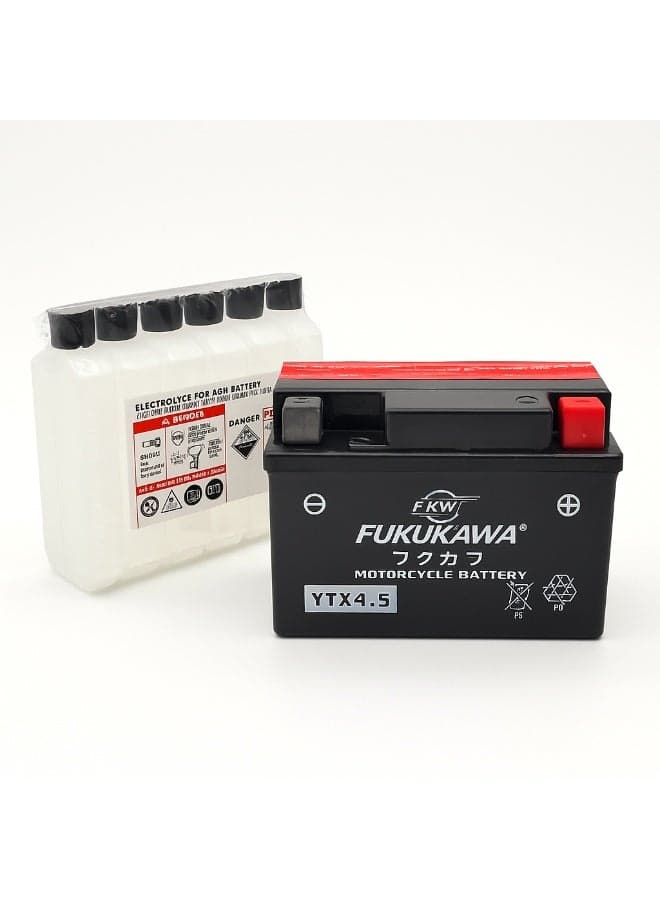 FUKUKAWA YTX4.5L-BS 12V 4Ah Fresh Pack AGM Motorcycle Battery with 6 Electrolyte Bottles – Maintenance-Free Sealed Design for Motorcycles, Scooters & ATVs