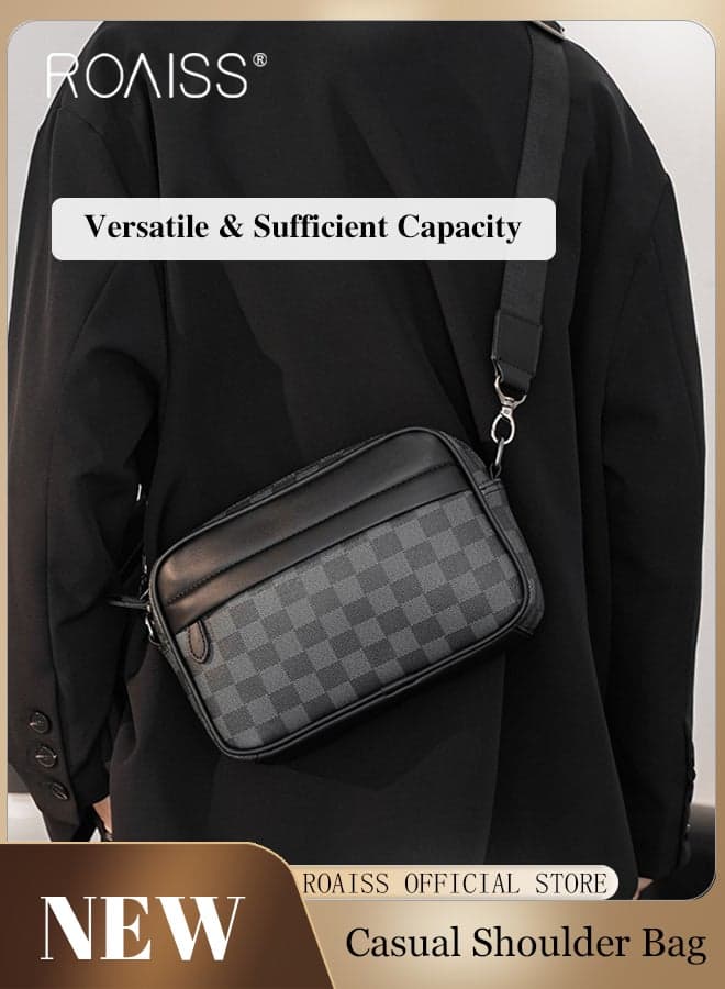 Men's Casual Plaid Messenger Bag, PU Leather Shoulder Bag for Men, Crossbody Bag with Adjustable Strap, Waterproof Large Capacity Waist Bag, Mens Business Commuting Small Square Bag, Leisure Travel Street Trend Camera Bag