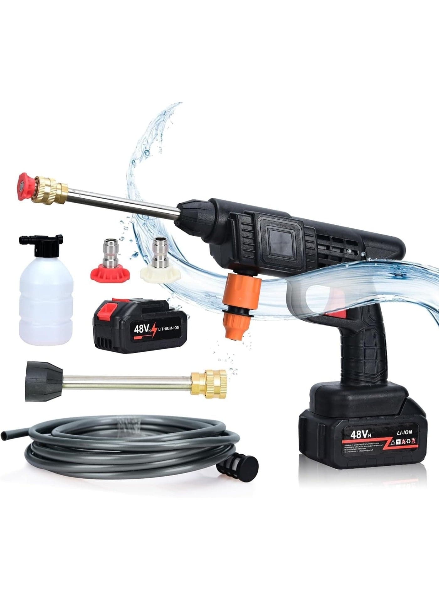 48V+48V Cordless High Pressure Washer Gun, Portable Rechargeable patio Washer Gun with Double Battery, 3 Nozzles and 5m Hose, Electric Handheld Washer for Car, Bike, Garden, Floors and Outdoor driveway Cleaning