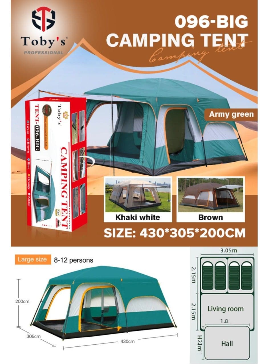 8–12 Person Double Layer Outdoor Camping Tent | Family Cabin Tent with Two Bedrooms & Living Room | Waterproof Large Tent for Hiking & Travel – Green
