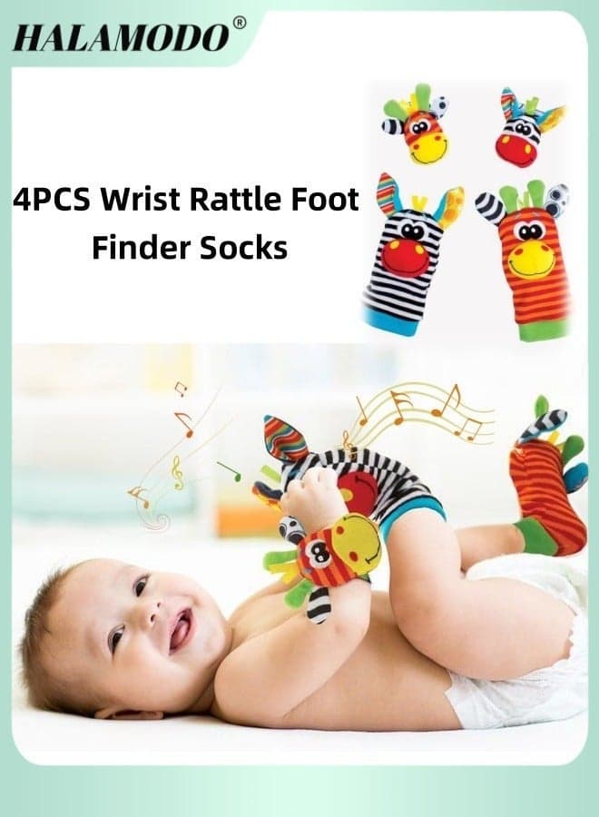 4PCS Wrist Rattle Foot Finder Socks Set for Baby Arm Hand Bracelet Rattle Feet Leg Ankle Socks Newborn Soft Sensory Toys Baby Socks Newborn Rattles Toys Baby Gifts Aged 0-12 Months Infant