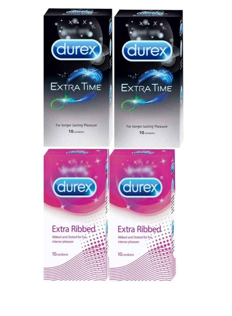 Set Of 4 Pleasure Pack, 2 Extra Time, 2 Extra Ribbed Condom (Pack of 4=40 pcs)