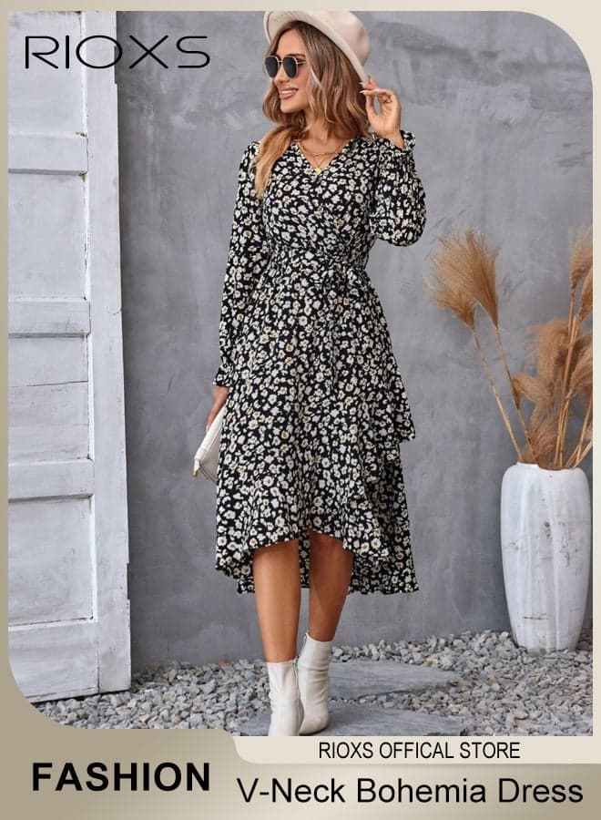 Women's Long Sleeve V Neck Floral Midi Dress, Casual Flowy A-line High Waist Bohemia Dress with Belt, Lightweight Breathable Lantern Sleeve Floral Ruffle Dress with Irregular Hem, Trendy Beach Vacation Dresses for Daily Wear, Party, Dating and More