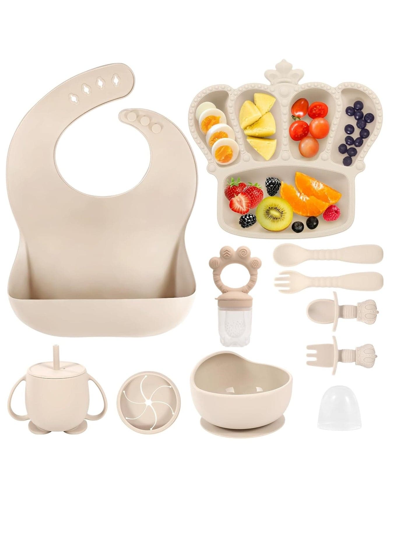 10 Pack Silicone Baby Feeding Set Baby Led Weaning Supplies Suction Bowl Divided Plate Baby Bibs Fruit Feeder Baby Spoons Forks Sippy Cup Toddler Utensil Sets Baby Essentials for Newborn Gift