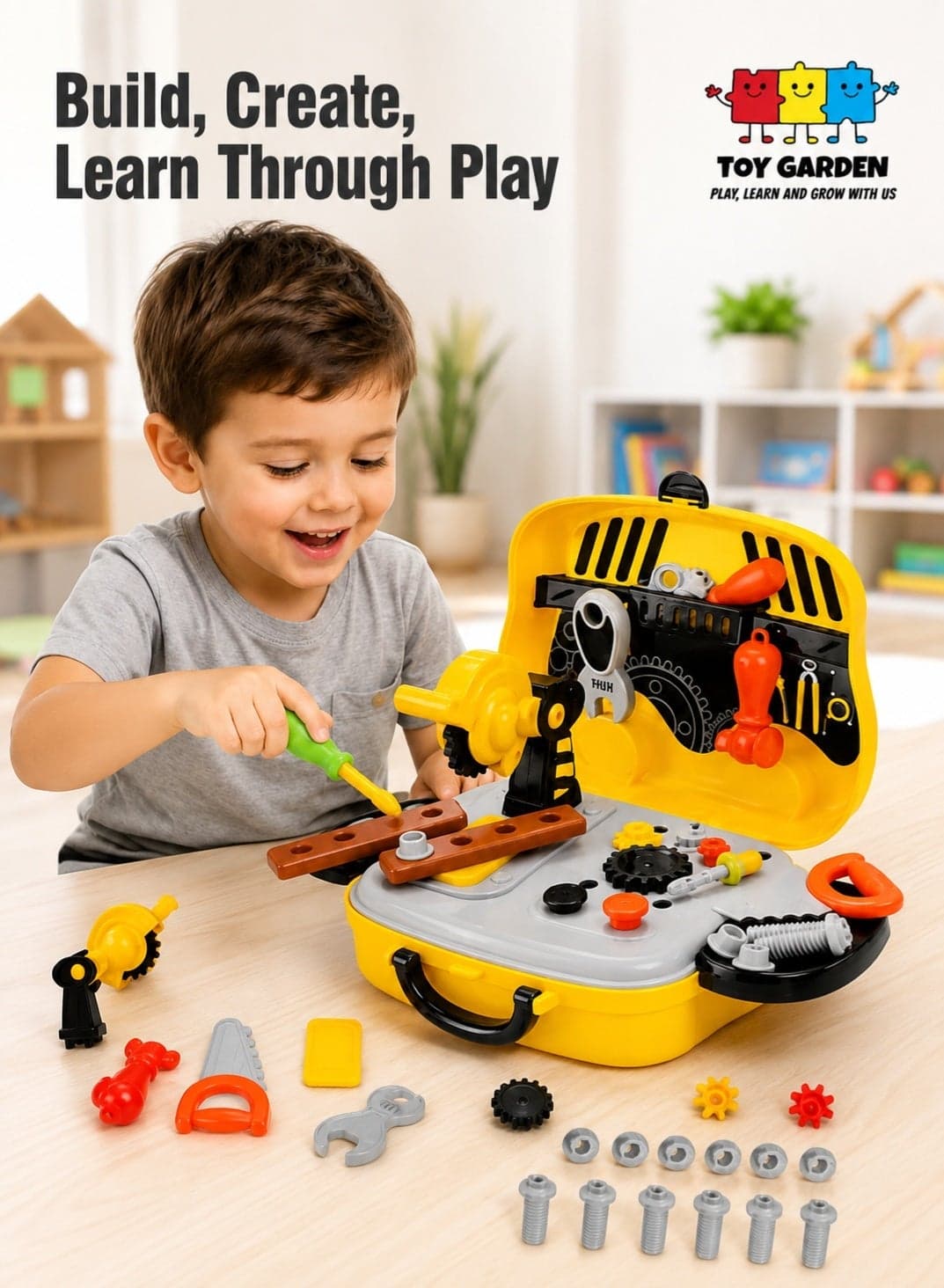 2-in-1 Portable Tool Truck Workshop for Kids | Transforming Carrying Case Tool Set | Realistic Construction Workbench with Drill, Wrench & Saw | Educational STEM Role-Play Toy for Boys & Girls Ages 3+
