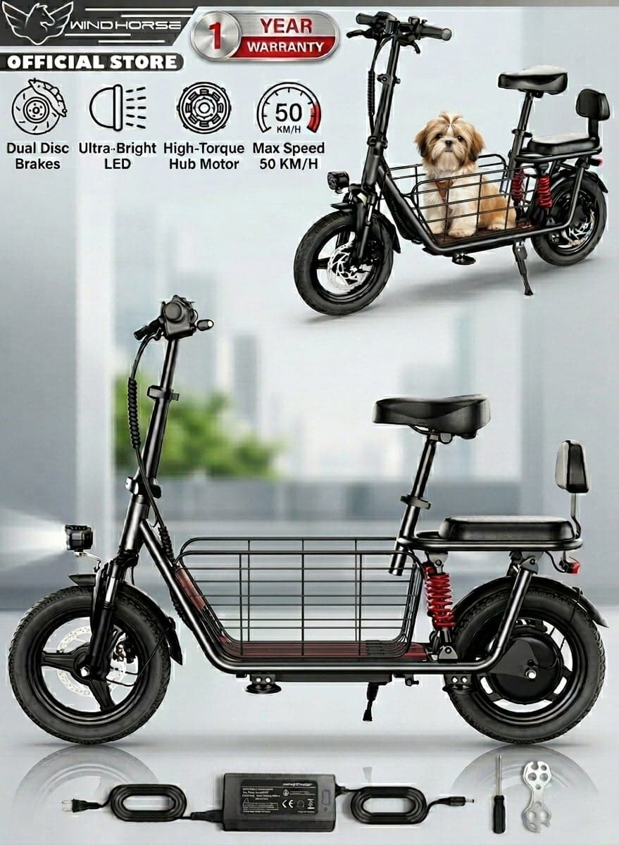 Electric Bike 500W Motor (Peak Power 850W) with Dual Seat, 48V10Ah Battery, 50KM/H Speed, 40KM Range, Dual Suspension and Storage Basket, E-Bike with Helmet and Safety Vest