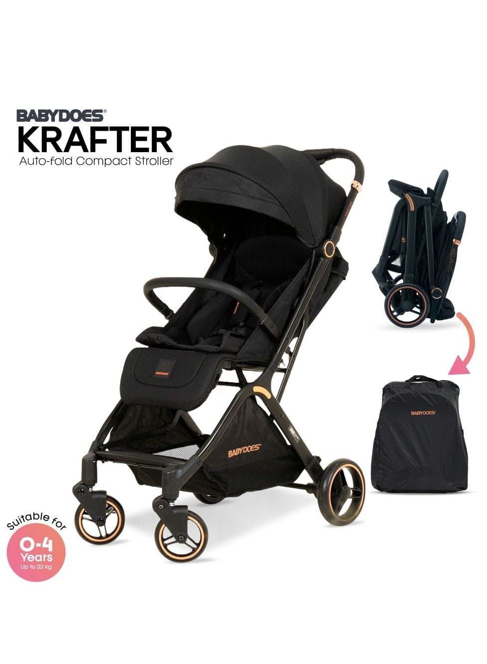 Krafter – Autofold Compact Folding Baby Stroller, 5-Point Harness, Adjustable Backrest & Footrest, 0 to 4 Y (22 kg), Black