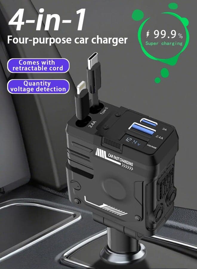12v/24v Fast Car Charger With Retractable Cable - Dual Usb-C Pd Retractable Charging Cable Fast Car Power Adapter Pd20w For Iphone Type C 40w Car Bluetooth Usb Charger Plug With Iphone,Samsung,Galaxy,Huawei,Xiaomi | 4-In-1 Type C Fast Charging -Mecha Black