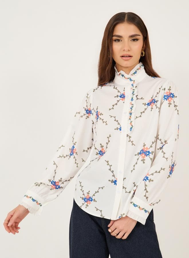 All-Over Print High Neck Buttoned Shirt