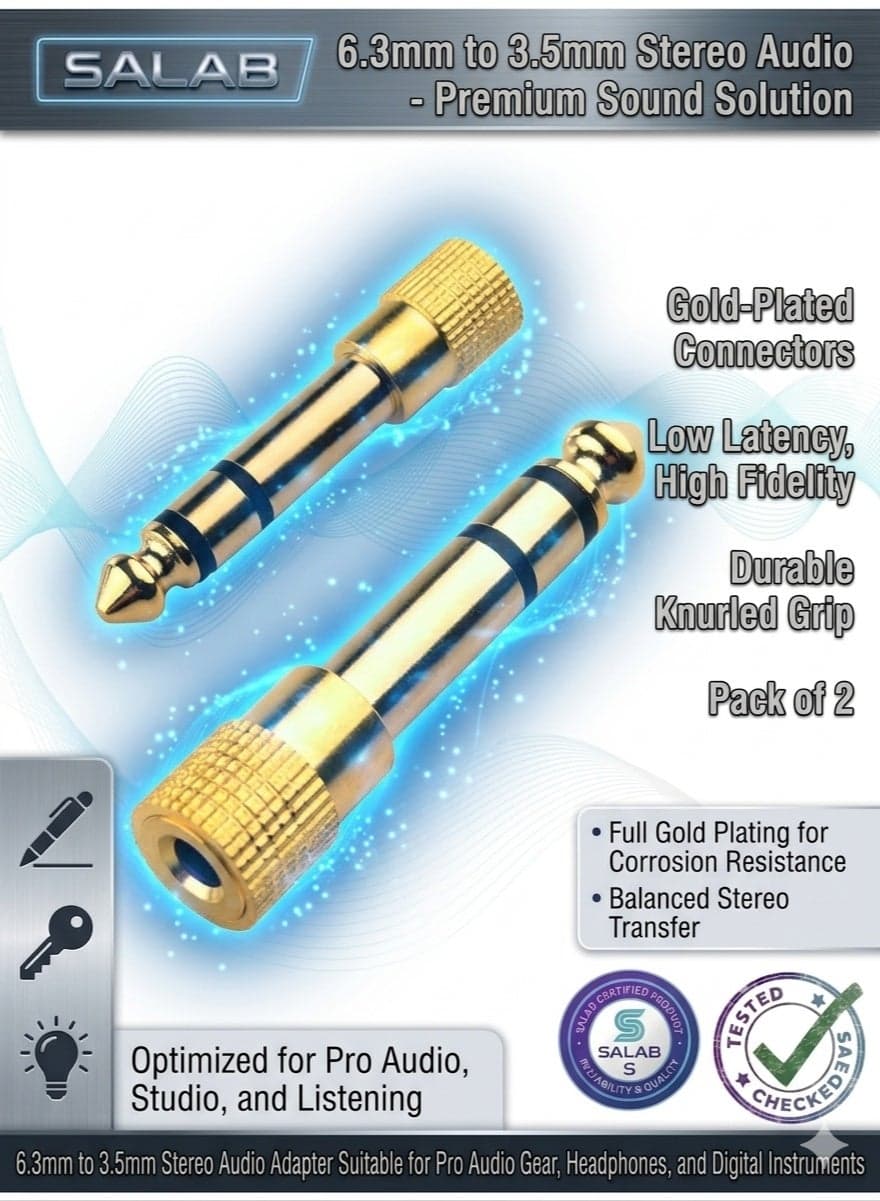 6.3mm to 3.5mm (1/4 to 1/8) Stereo Audio Jack Adapter (Pack of 2) | Converts Audio from Your Amplifiers, Console, Guitar, Piano, Drums, Speakers & Mic That use 6.35mm Port to Your 3.5mm Port Devices