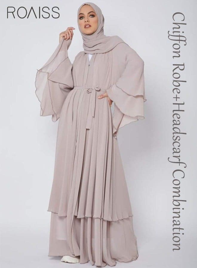 Women's Solid Color Double Layered Chiffon Muslim Abaya Dress for Daily Commuting Banquet Formal Occasion, Cardigan Robe Paired with Same Color Buckle Belt Khaki (Excluding Matching Dress and Headscarf)