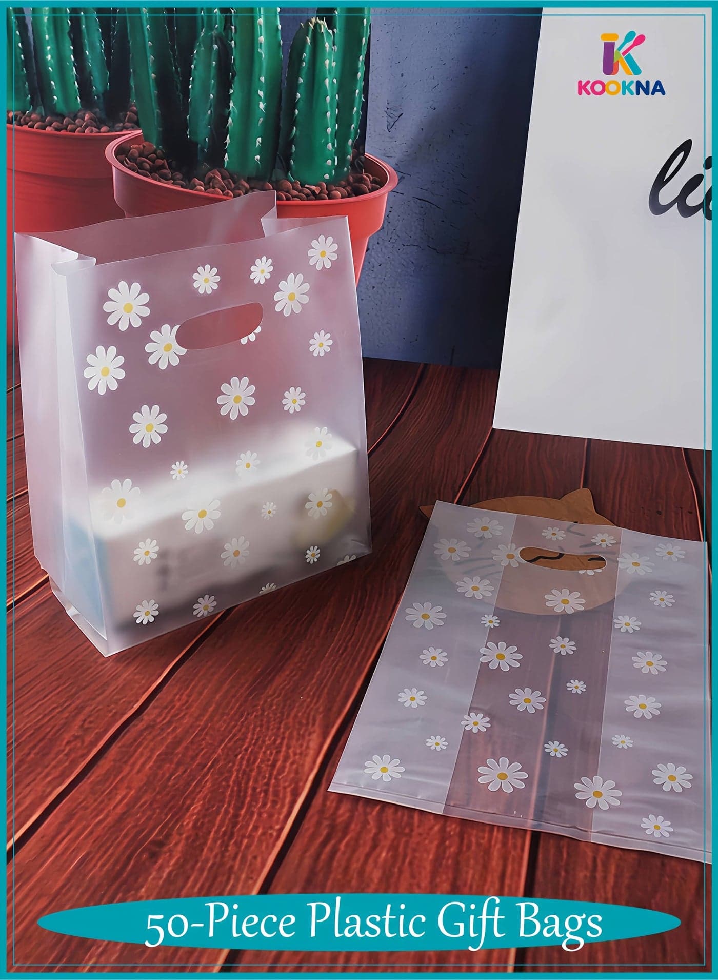 50Pcs Gift Bags, Plastic Bag with Handles, Clear Packaging Bags for Wedding Party and Bakery, Waterproof Durable Reusable, Small Merchandise Tote Bags (25x18x10cm)