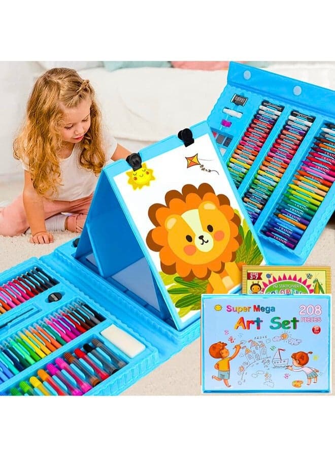 208 Pcs Art Supplies , Drawing Art Kit for Kids Girls Boys Teens Artist , Art Set Case with Trifold Easel, Includes Oil Pastels, Crayons, Colored Pencils, Coloring Book , blue