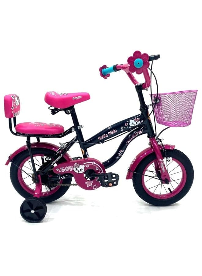 12-Inch Kids Bike For Girls | 12-Inch Wheel Size| With Training Wheels |Chain Cover | Basket And Rear Seat | Dark Pink & Black Color