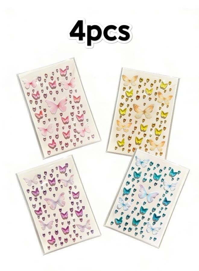 4 Pcs Butterfly Face Gems Crystal Diamond Sticker Self-Adhesive DIY Facial Temporary Tattoos Rhinestone Face Jewels for Makeup Stage Body Eyes and Nails Decoration (Purple Pink Blue Yellow Color )