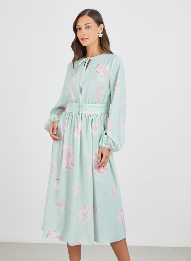 Floral Print Balloon Sleeves A-Line Midi Dress with Cinched Waist