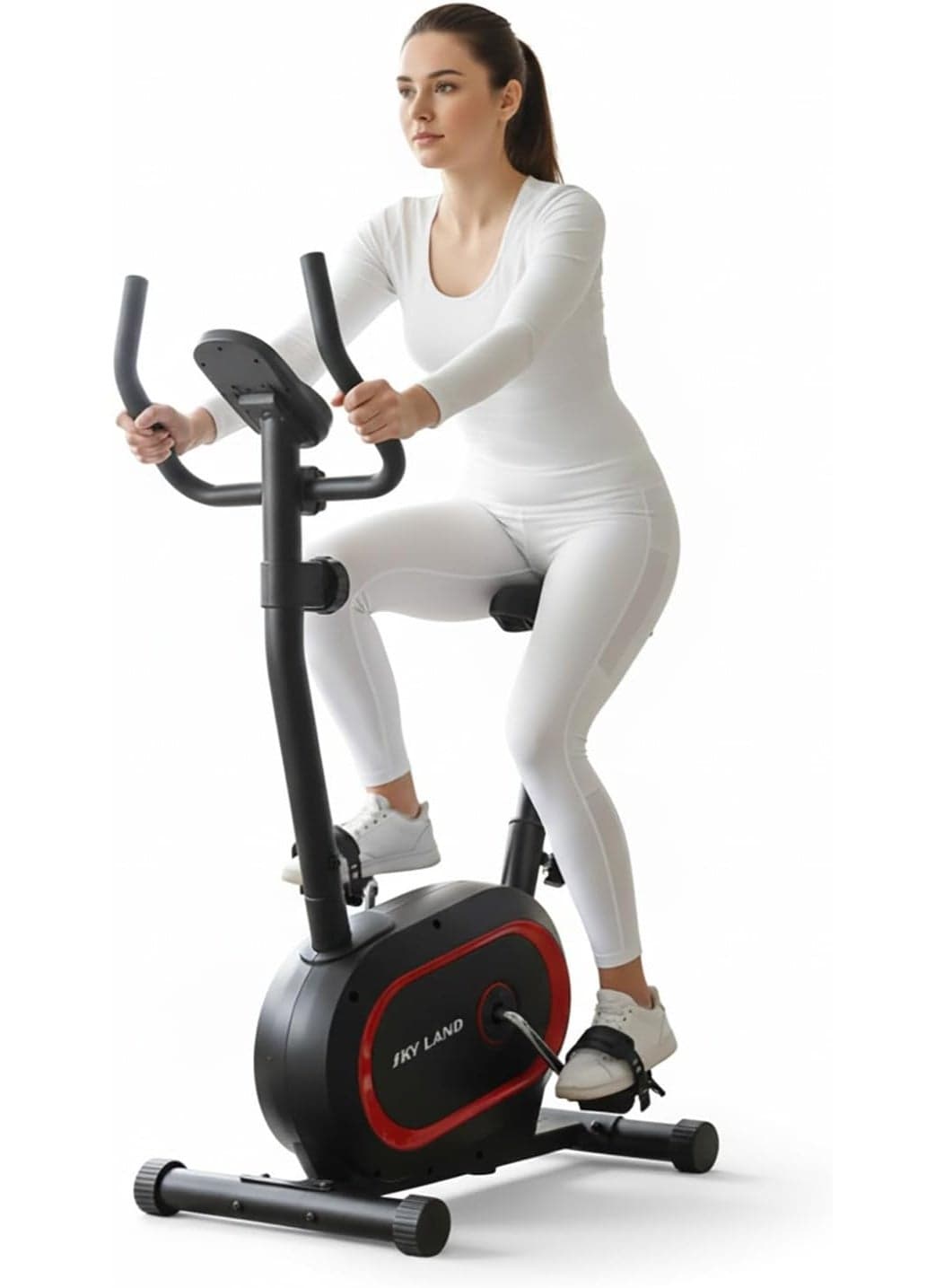 Upright Exercise Bike EM-1574, 8-Level Magnetic Resistance, 4KG Flywheel, Pulse Sensors, LCD Monitor, Tablet Holder, F S App | Indoor Bike for Home Cardio & Full-Body Fitness, 100KG Capacity