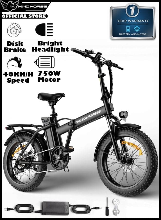 W4A Electric Folding Off-Road Bike 750W, 48V 15.6Ah Removable Battery, 40km/h Speed, 45-60km Range, Big LCD Display, 20 Inches Fat Tires, Shimano 7-Speed, Carbon Alloy Frame