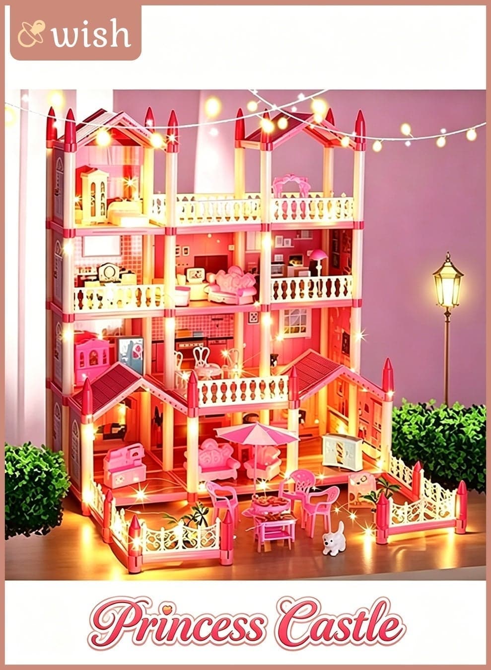 4 Floors Huge Dollhouse Play Set with 14 Rooms 2 doll 2 Color Light Strips with Lights to Assemble Kitchen, Bedroom, Furniture, Garden,Pets DIY Pretend Play Doll House for Girls.