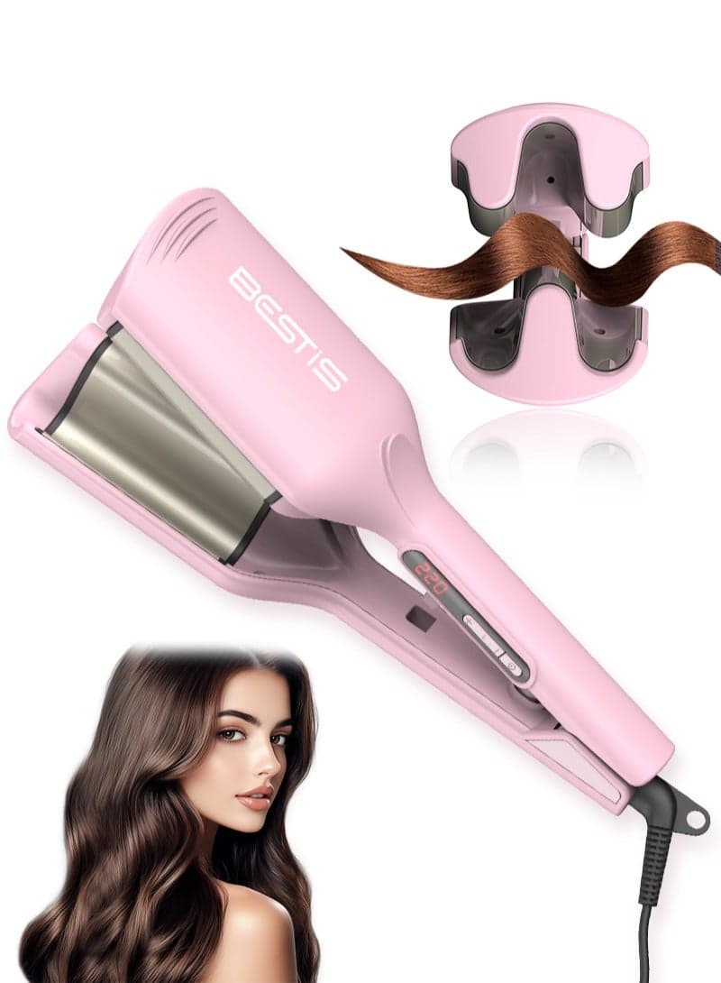 Professional Ionic Waver Curling Iron - Egg Roll Waver - 32mm Dual Barrel Creates Long-Lasting Deep Waves for Short to Long Hair (Pink)
