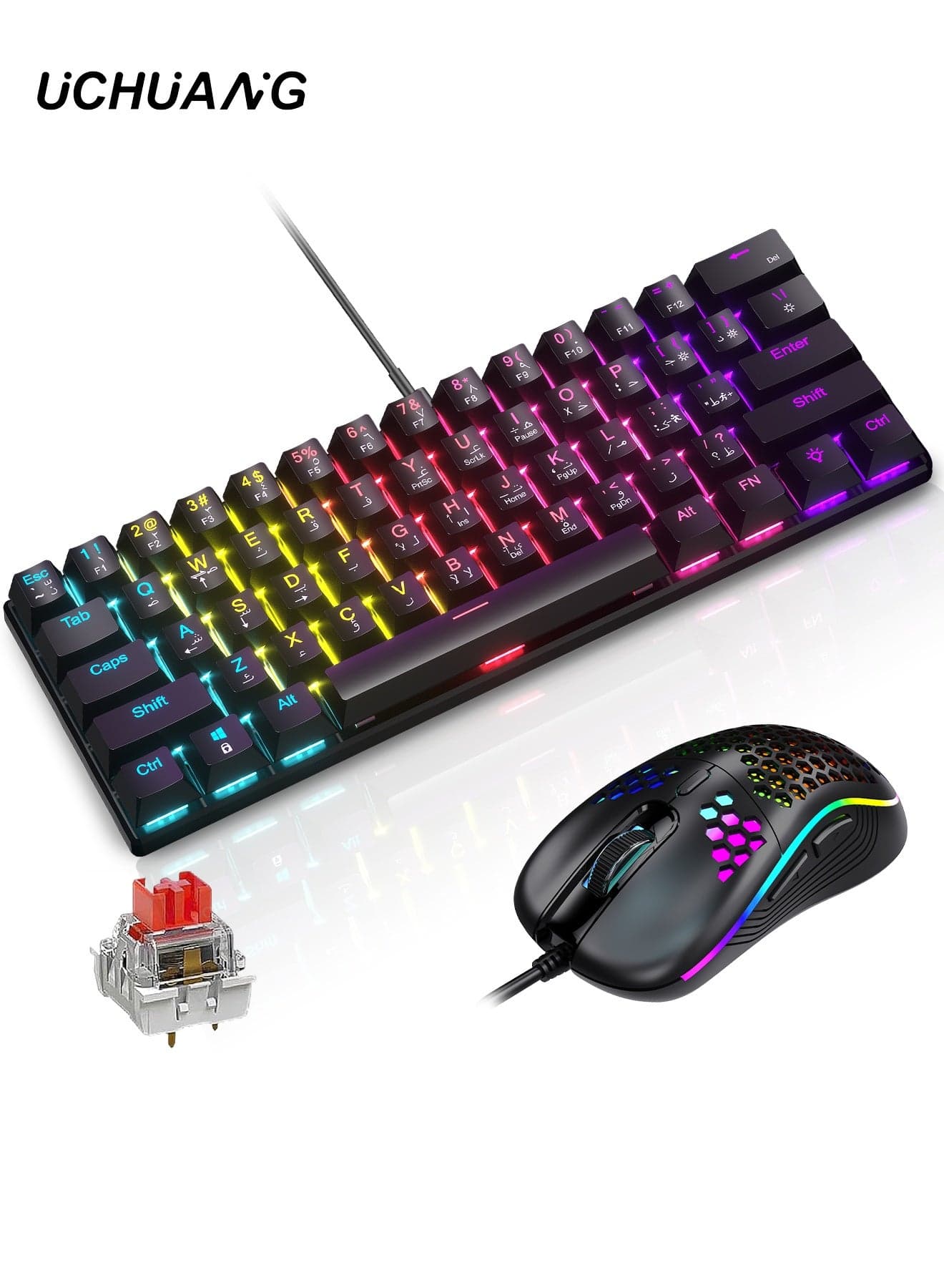 60% Gaming Keyboard Red Switch and Mouse Combo, Ultra-Compact 61-Key RGB Backlit Mini Keyboard, Lightweight 7200 DPI Honeycomb Optical Mouse, RGB Wired Gaming Set for PC PS5 Xbox Gamer(Black)