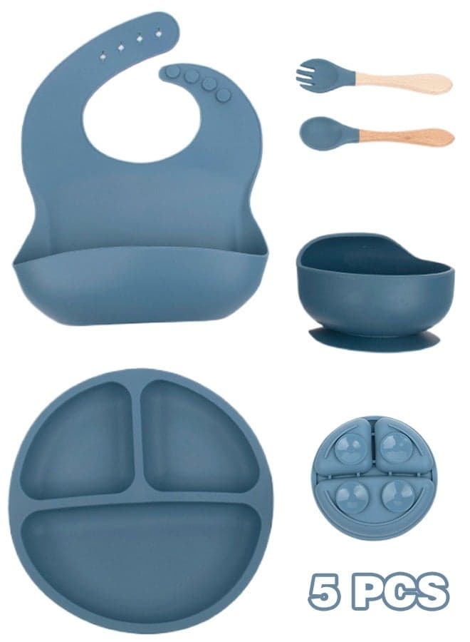 5-Pieces Silicone Baby Feeding Set, Baby Led Weaning Supplies with Suction Bowl and Divided Plate, Wooden Spoon and Fork, Toddler Tableware Set with Adjustable Soft Silicone Bib