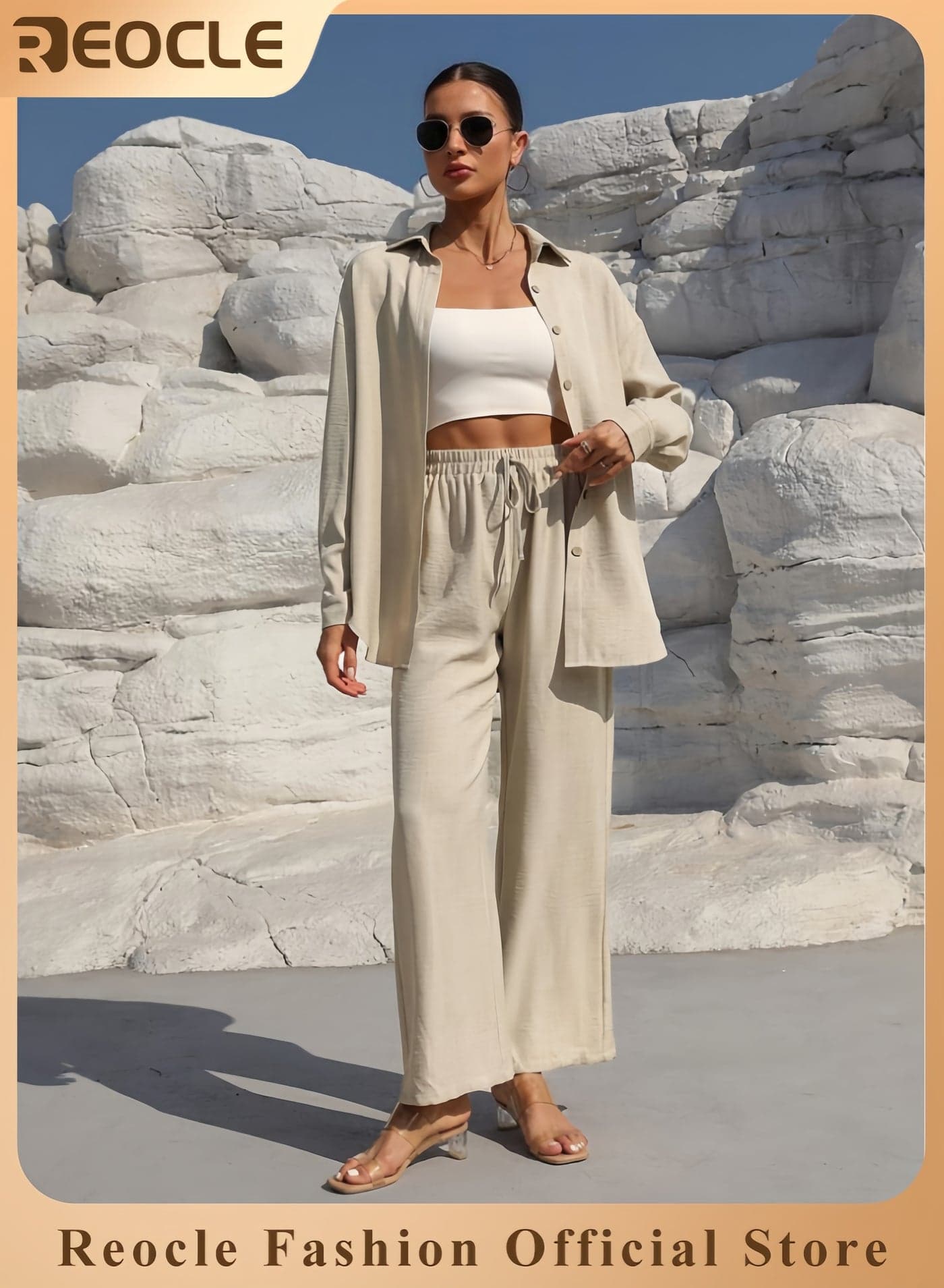 Women's 2 PCS Cotton Linen Set Comfortable and Breathable Retro Outfits Button Down Long Sleeve Shirt and High Waist Wide Leg Pants Set