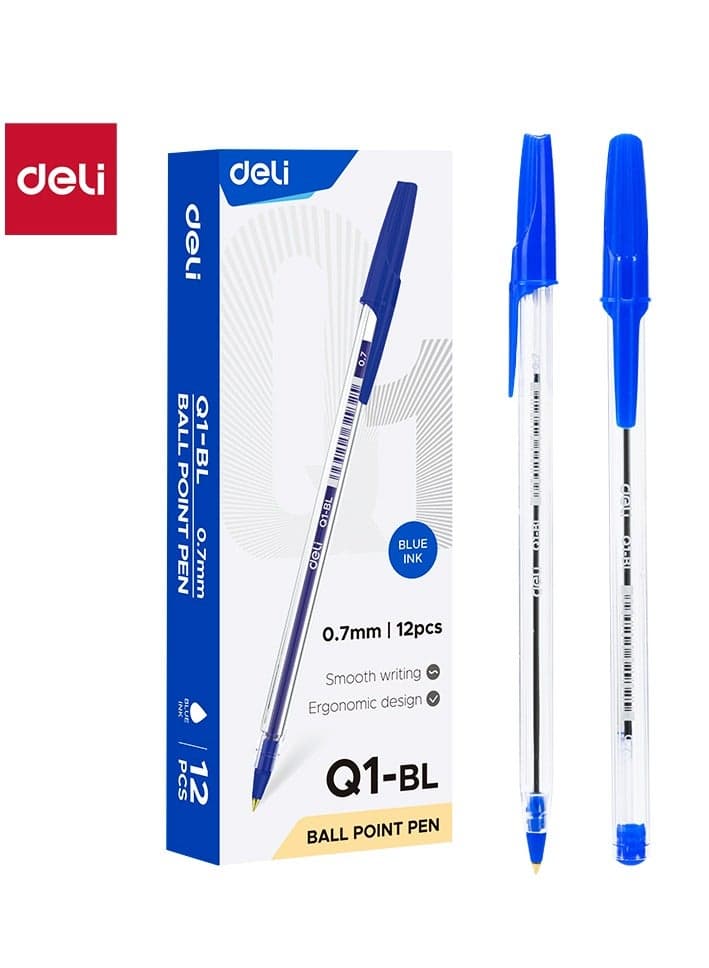 EQ1-BL Ballpoint Pens, 0.7mm Fine Point, Blue Ink, Smooth Writing Office Pens, 12 Pack.
