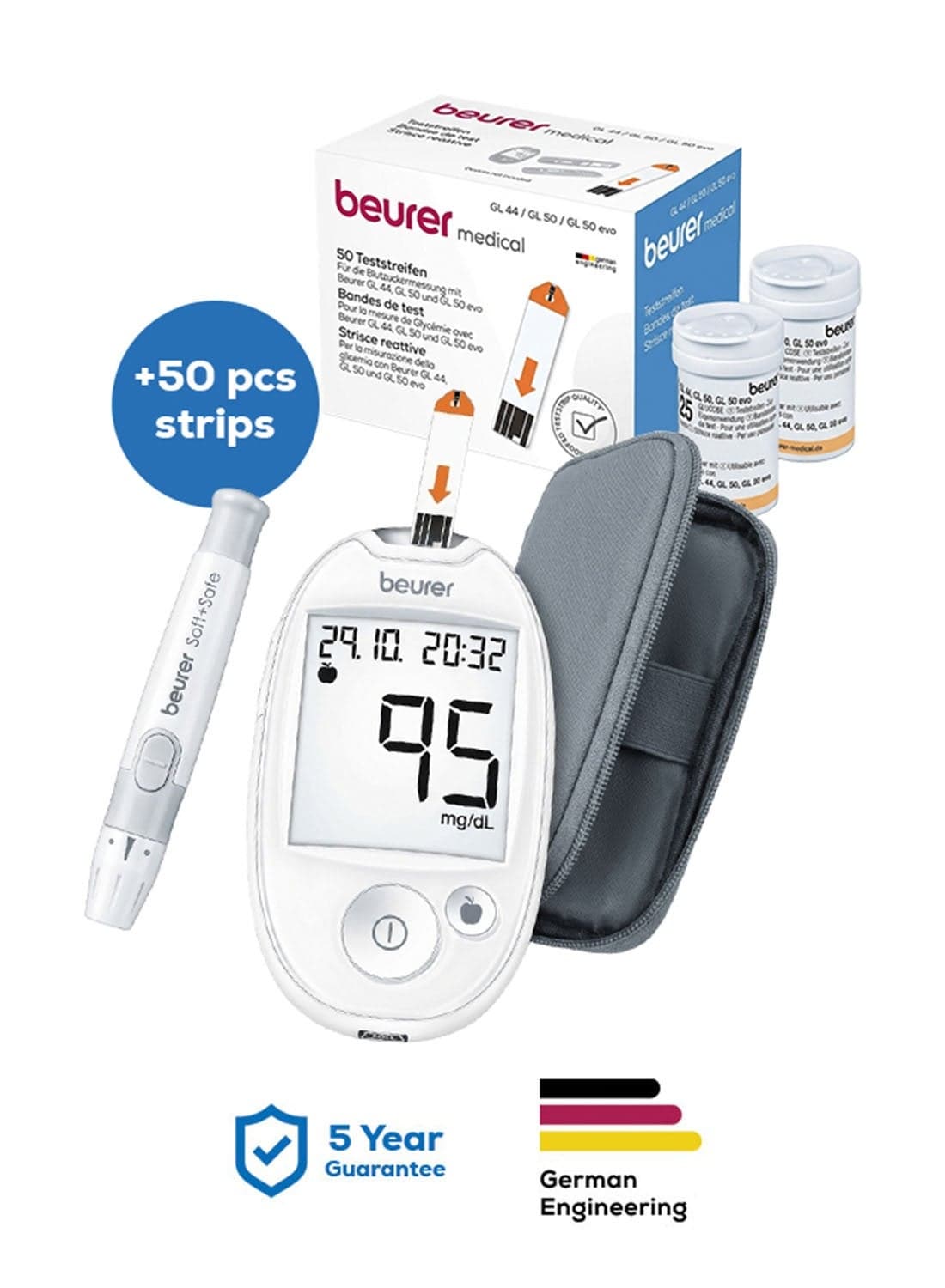 Beurer GL 44 White Blood Glucose Monitor with 50 Test Strips – 5-Year Warranty | Easy-to-Use Diabetic Kit | Fast & Accurate Results for Home Monitoring.