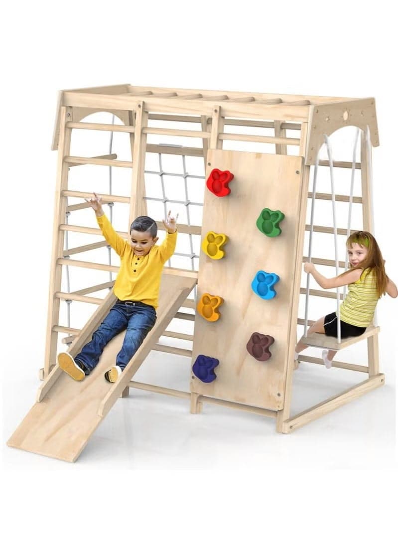 Indoor Jungle Gym, Toddler Climbing Toys Indoor, Indoor Playground Climbing Toys for Toddlers, Climber Playset with Slide, Climbing Rock/Net, Monkey Bars, Drawing Board, Abacus Game and Swing