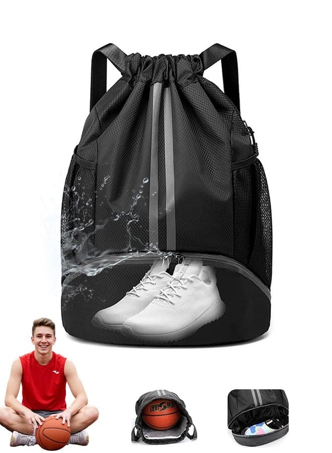 Drawstring Backpack Gym Bag with Shoes Compartment for Soccer, Basketball, Swim, Water-Resistant String Backpack Beach Cinch for Women Men