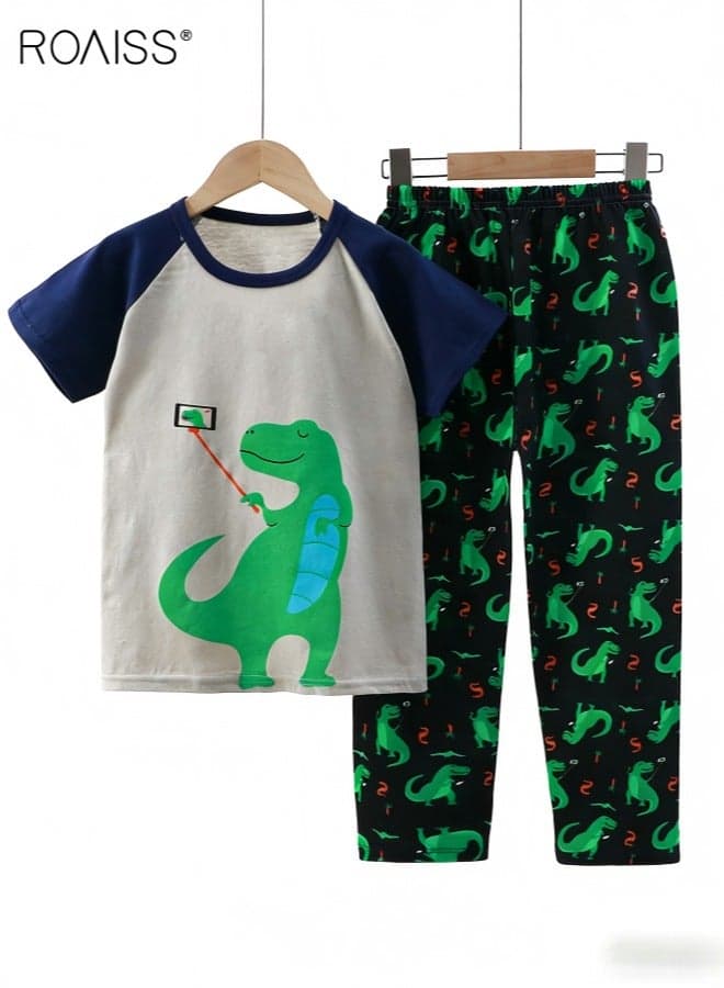 Boy Cartoon T-Shirt and Pants Set, Adorable 2-Piece Outfit for Boys, Summer Cotton Outfit with Dinosaur Pattern Top and Elastic Waist Trousers, Perfect for Daily Wear and Nightclothes