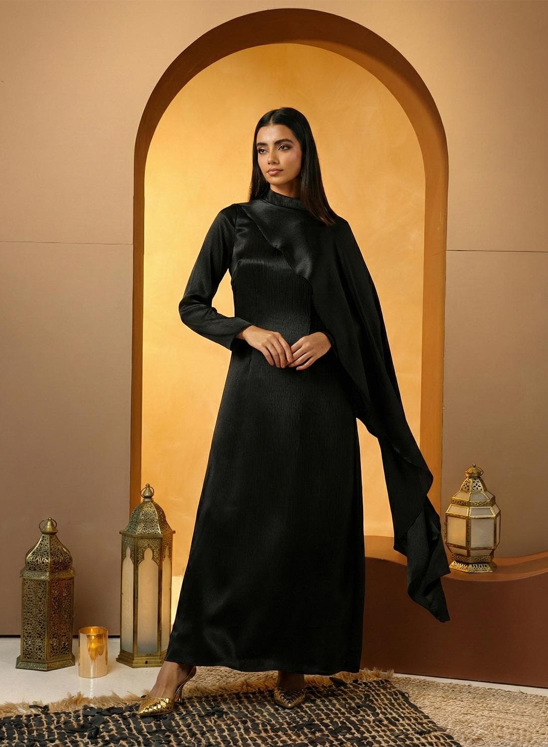 One-Shoulder Cape Sleeve Maxi Dress