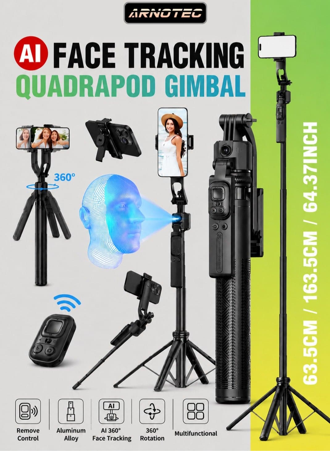 C17 Smart AI Tracking Selfie Stick Tripod, 163.5cm Long Quad-Leg Anti-Shake Gimbal with Bluetooth Remote, 360° Auto Face Tracking, Gesture Control, 1/4" Interface, Detachable Phone Holder for Vlogging, TikTok, YouTube (Black)