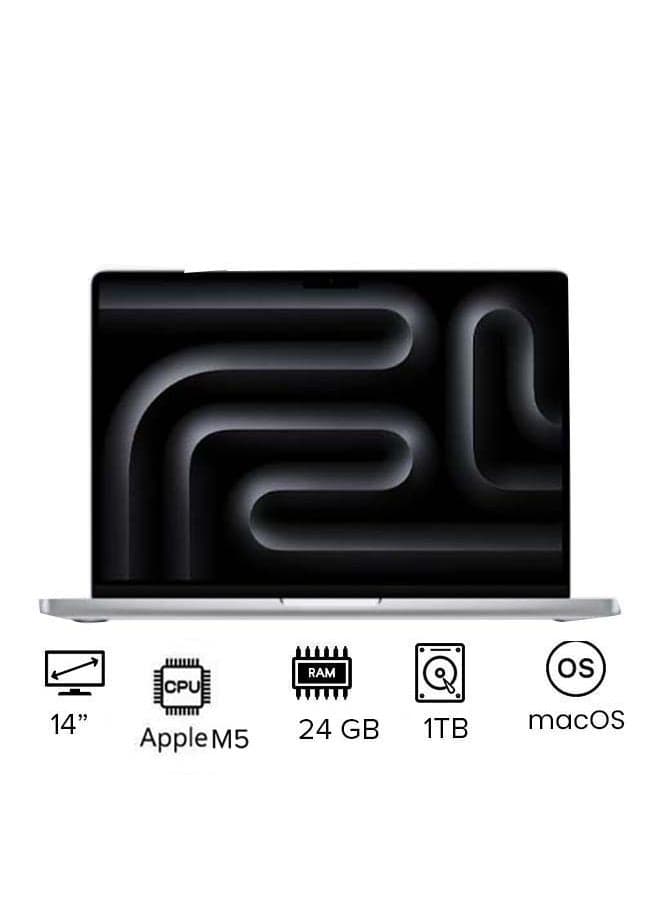 MacBook Pro MDE64 | 14 Inch Display | Apple M5 Chip | 10-Core CPU And 10-Core GPU | 24GB RAM | 1TB SSD | macOS | English And Arabic Keyboard | English/Arabic silver