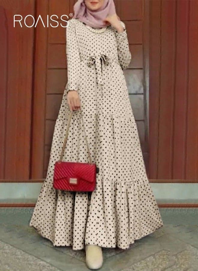 Women Polka Dot Frock with Belt, Round Neck Long Sleeve A-Line Dress, Stylish Elegant Maxi Dress for Ladies, Perfect for Daily Wear and Outdoor Activities