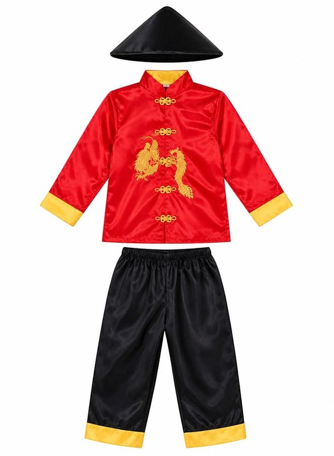 Kids Chinese Traditional Costume Set – Oriental Fancy Dress Outfit with Hat and Dragon Embroidery for boys of age 4 to 5 years