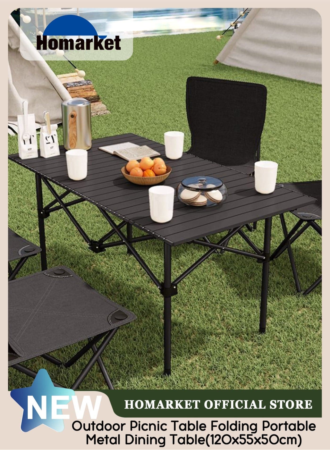 Camping Table Folding Portable Camp Aluminum Fold Up Lightweight Roll Up Table Adjustable Height with Carry Bag Indoor Outdoor for Camping, Picnic, Backyard, BBQ, Patio, Black (120X55X50CM)