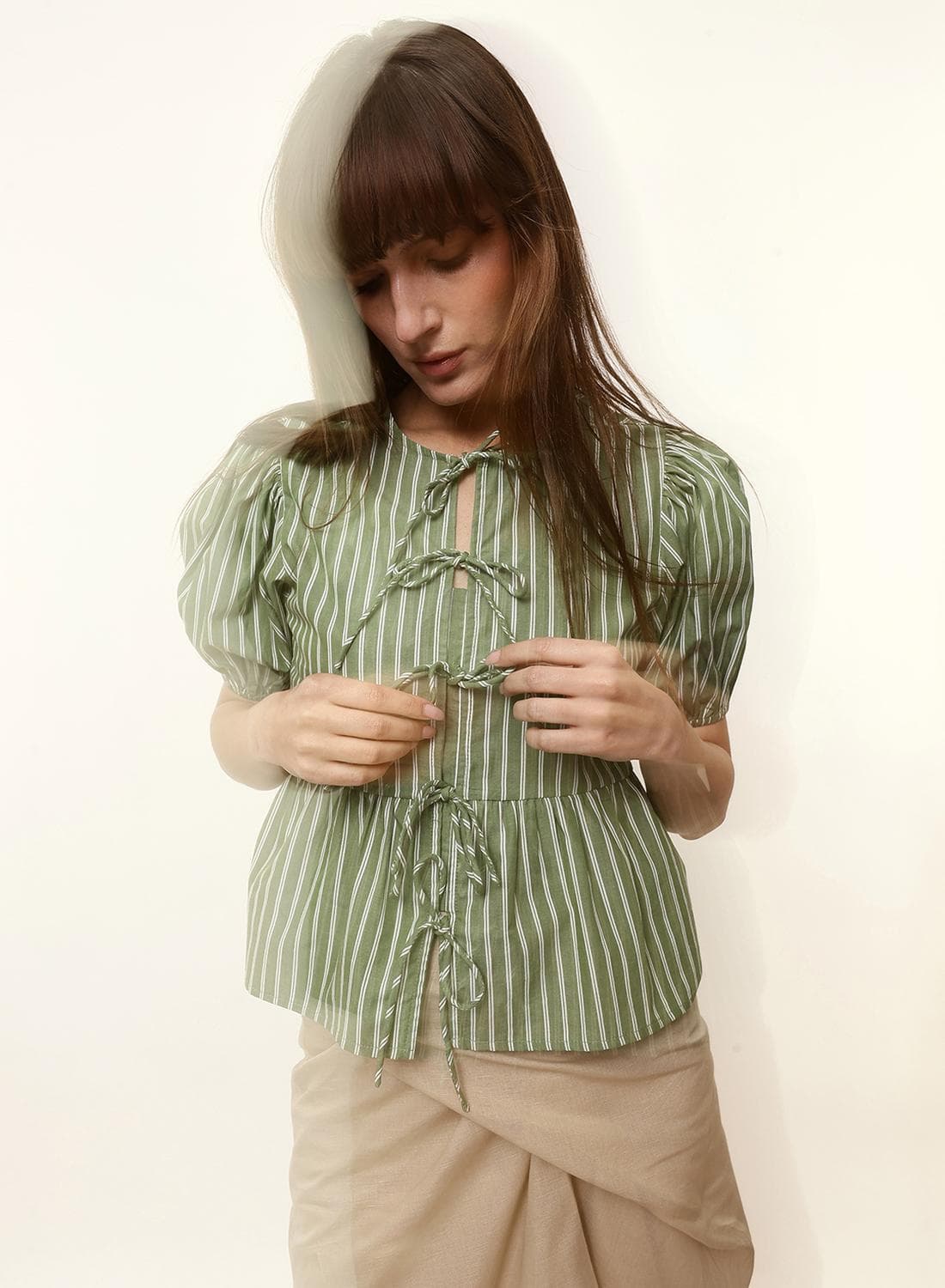 Green 100% Cotton Striped Blouse Boxy Tops For Women