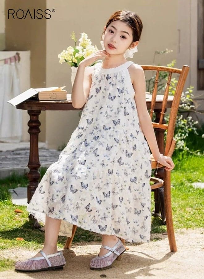 Girl Summer Frock with Vivid Butterfly Patterns, Stylish Elegant Cami Dress for Girls, Halterneck A-line Silhouette Long Dress, Suit for Daily Wear, Beach, Travel, Wedding or Any Occasion