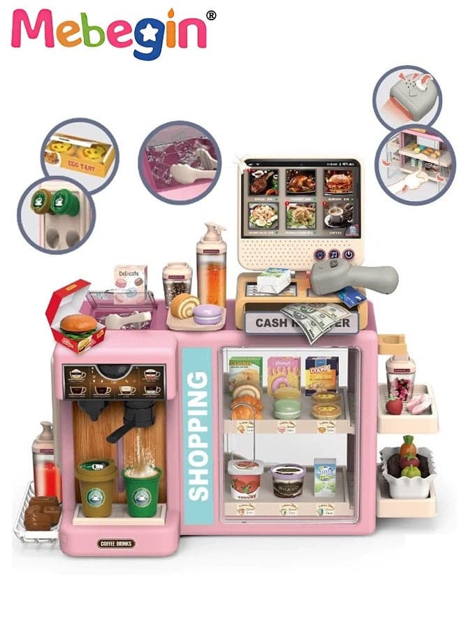 Fun Supermarket Toy Set with Coffee Machine and Dessert Counter, Coffee Dessert Shops and Hamburger Shops Playset with Touchscreen Ordering Function, Creative Play House Toys, Educational Gift for Kids, Ideal Gift for Kids Aged 3+
