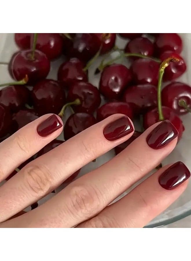 Press On Nails Almond Shape Deep Cherry Red Burgundy Glossy Artificial Nails Full Cover Reusable Stick On Nails Acrylic Soft Gel Nail Kit Luxury Elegant Salon Style Nails for Women Daily Wear Party Wedding Long Lasting High Shine Nails
