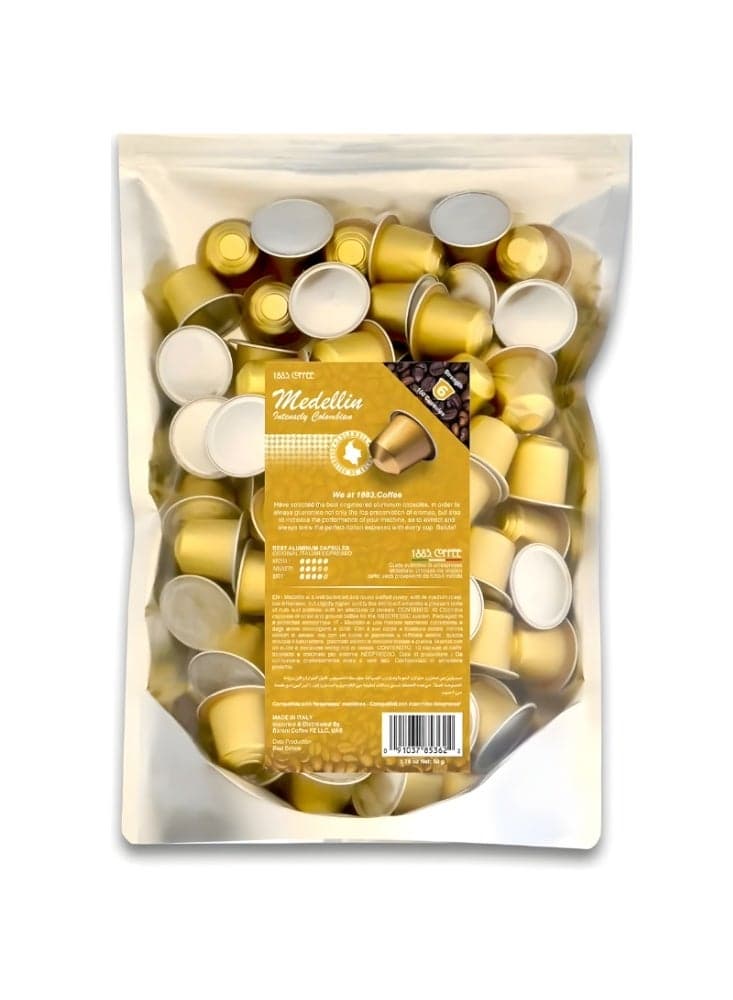 Medellin 100 Coffee Capsules in 100% Aluminum Recyclable to Infinity, Blend Intensity 3/5, Box with 100 Loose Capsules Compatible with Nespresso Machine, Made in Italy