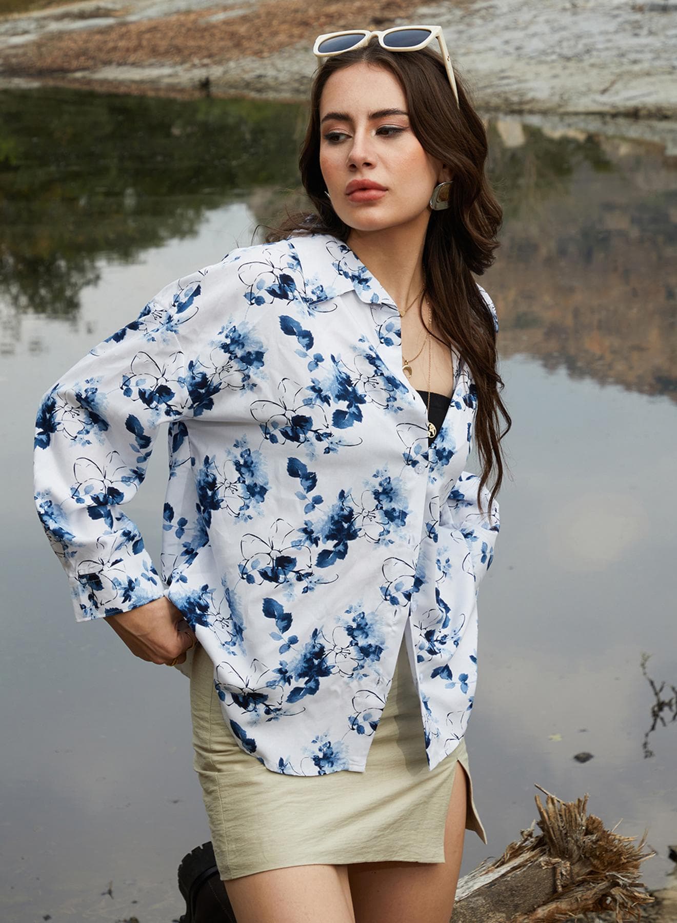 Women's Navy Blue Botanical Strokes Oversized Shirt
