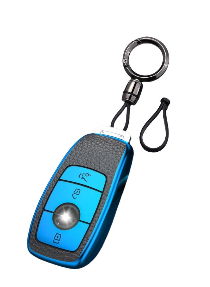 OUYoo Car Key Case Suitable for Mercedes Benz, Key Case Cover for E Class 2017 S Class 2018 TPU Silicone Leather Texture Protective Case,Bring a key chain.(Blue)